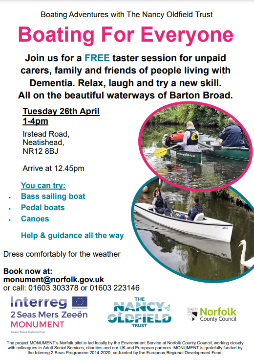 Norfolk County Council and Nancy Oldfield Trust boating adventure for carers of someone living with Dementia